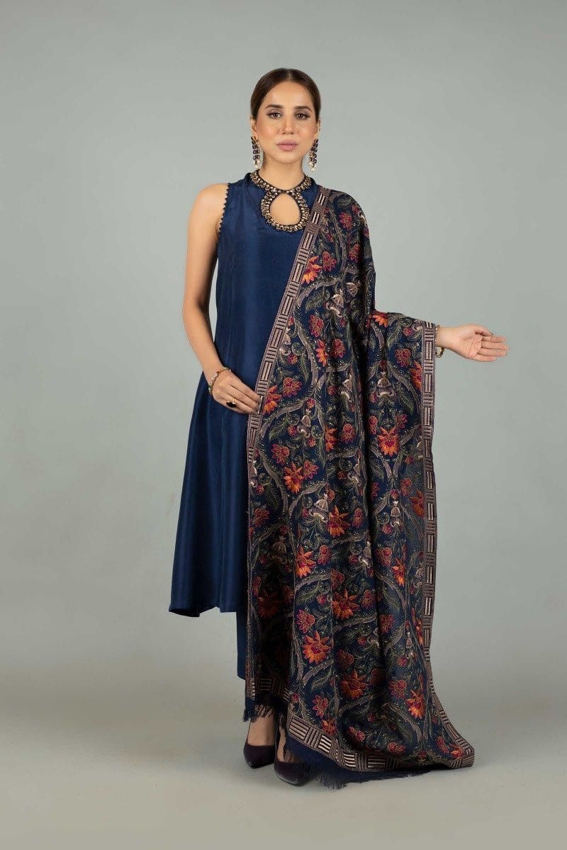 Grace premium D49- Embroidered Karandi Navy Blue Shawl.