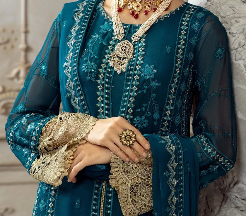 Dark Teal-Embroidered chiffon unstitched 3Pc Suit