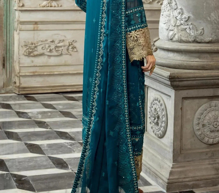 Dark Teal-Embroidered chiffon unstitched 3Pc Suit