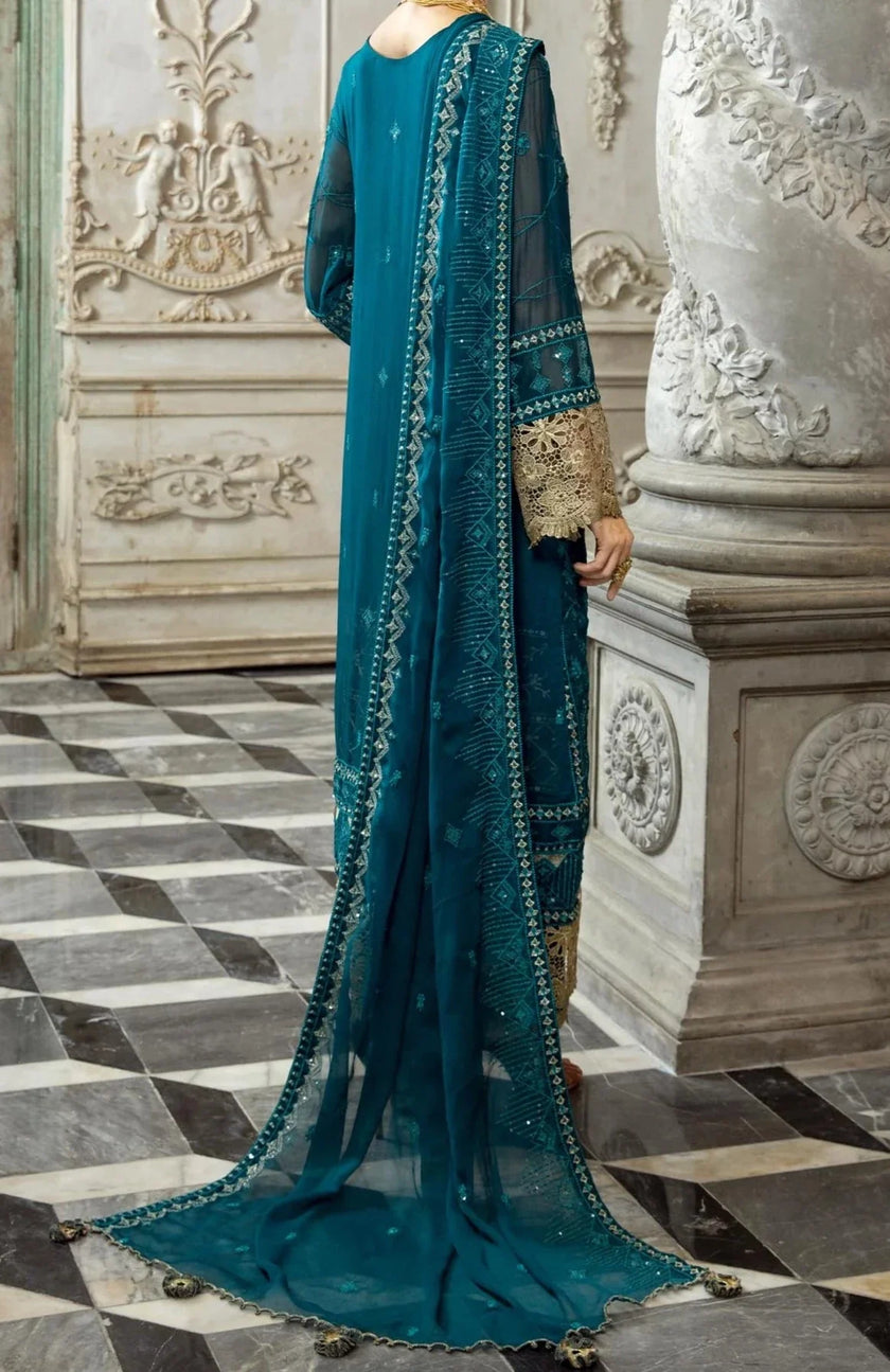 Dark Teal-Embroidered chiffon unstitched 3Pc Suit