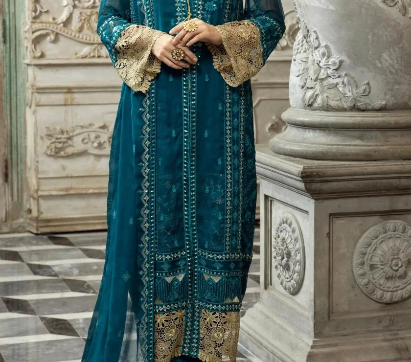 Dark Teal-Embroidered chiffon unstitched 3Pc Suit