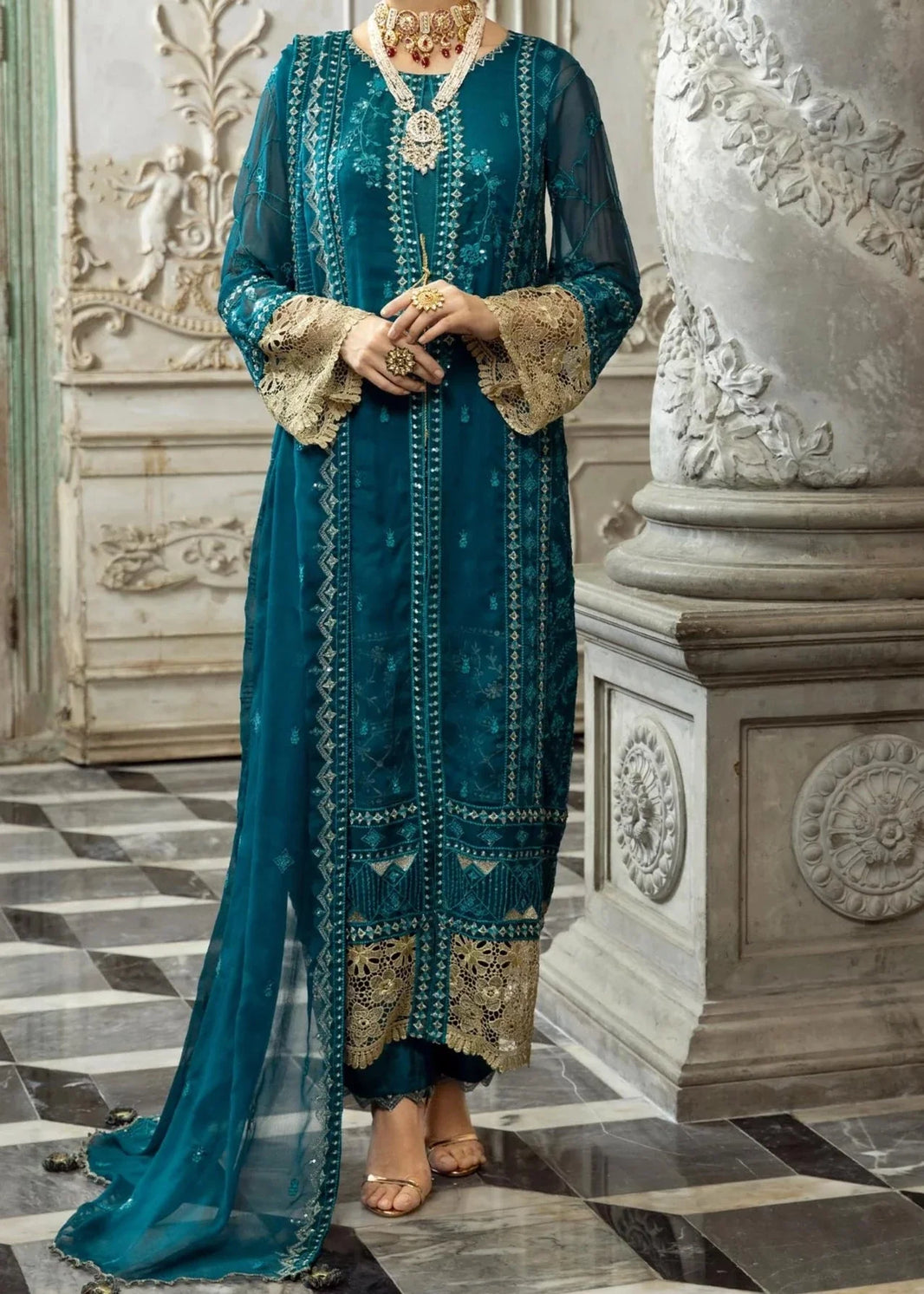 Dark Teal-Embroidered chiffon unstitched 3Pc Suit