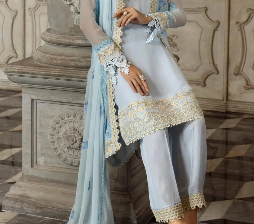 Baby Blue - embroidered chiffon unstitched 3Pc Suit