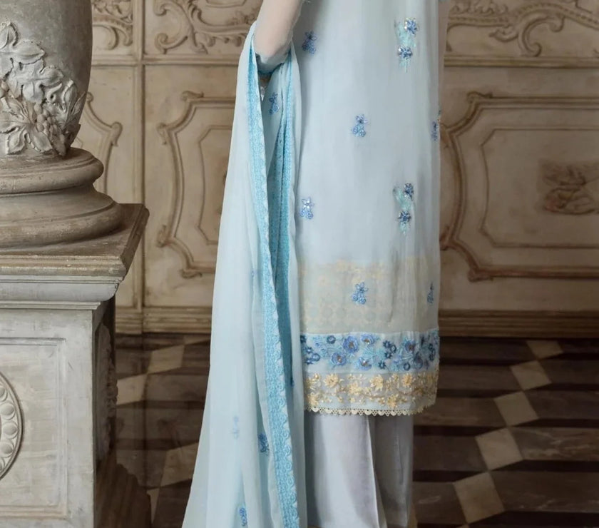 Baby Blue - embroidered chiffon unstitched 3Pc Suit