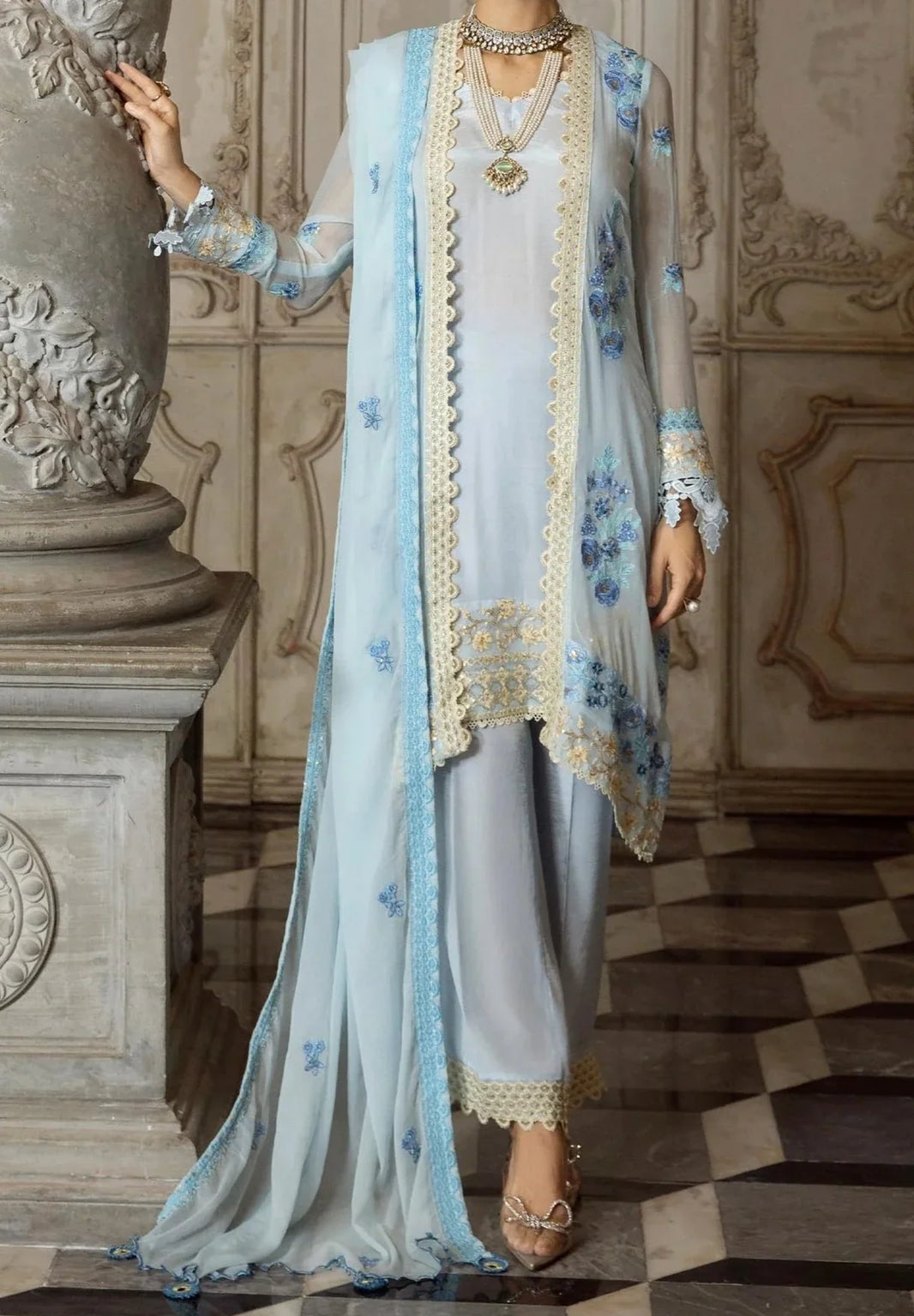 Baby Blue - embroidered chiffon unstitched 3Pc Suit