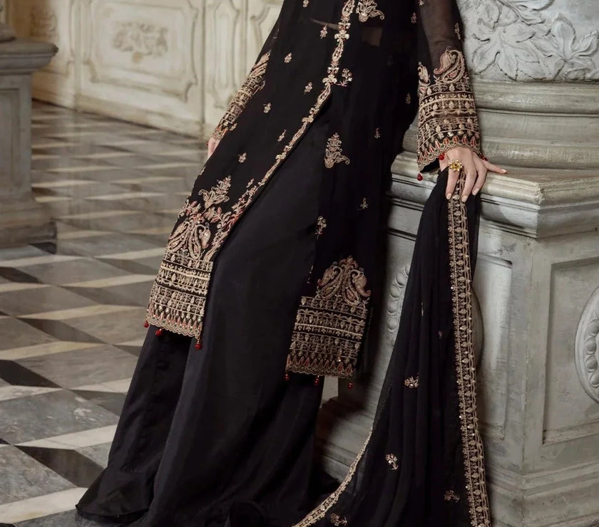 Rich Black- embroidered chiffon unstitched 3Pc Suit