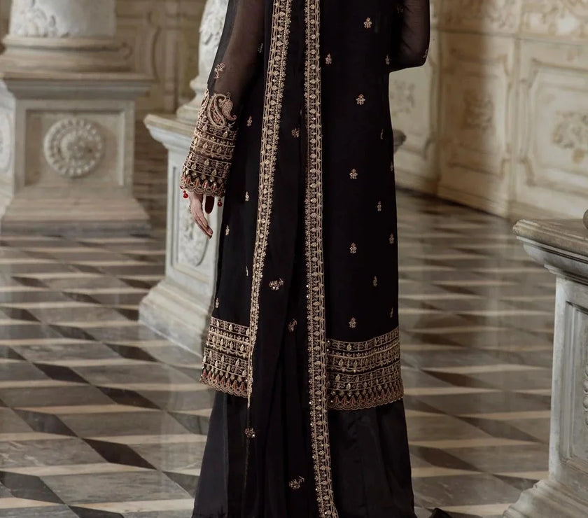 Rich Black- embroidered chiffon unstitched 3Pc Suit