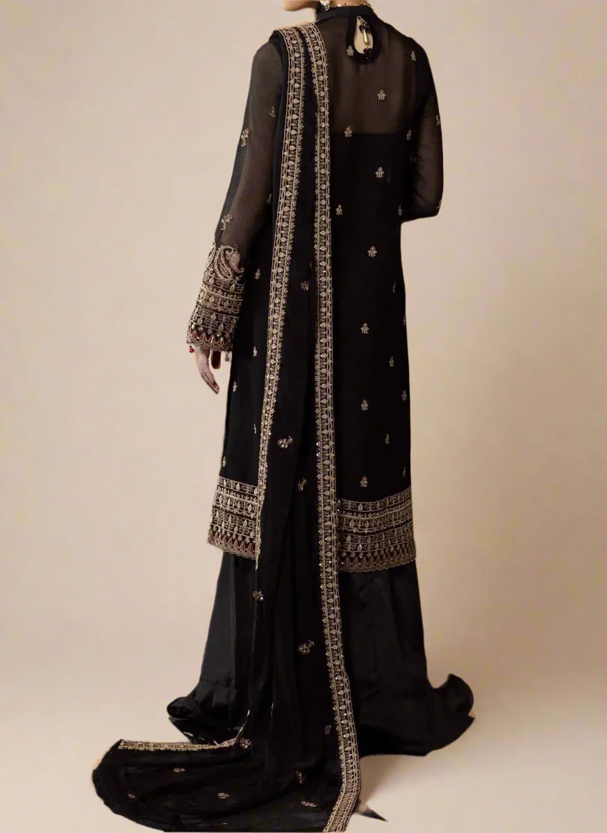 Rich Black- embroidered chiffon unstitched 3Pc Suit