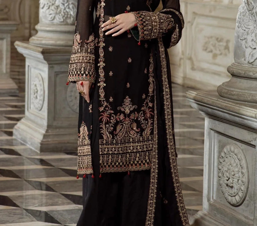 Rich Black- embroidered chiffon unstitched 3Pc Suit