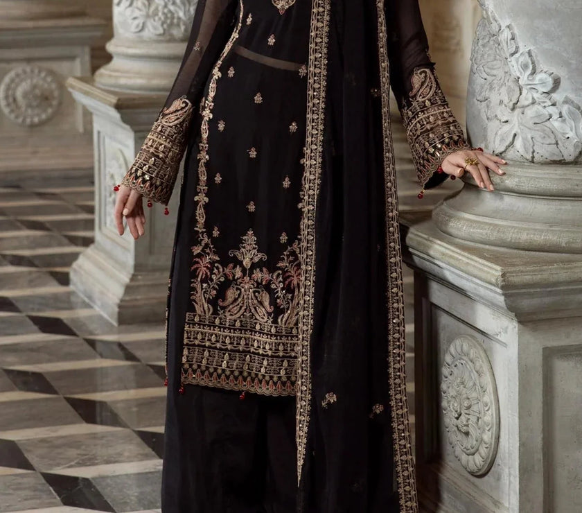 Rich Black- embroidered chiffon unstitched 3Pc Suit