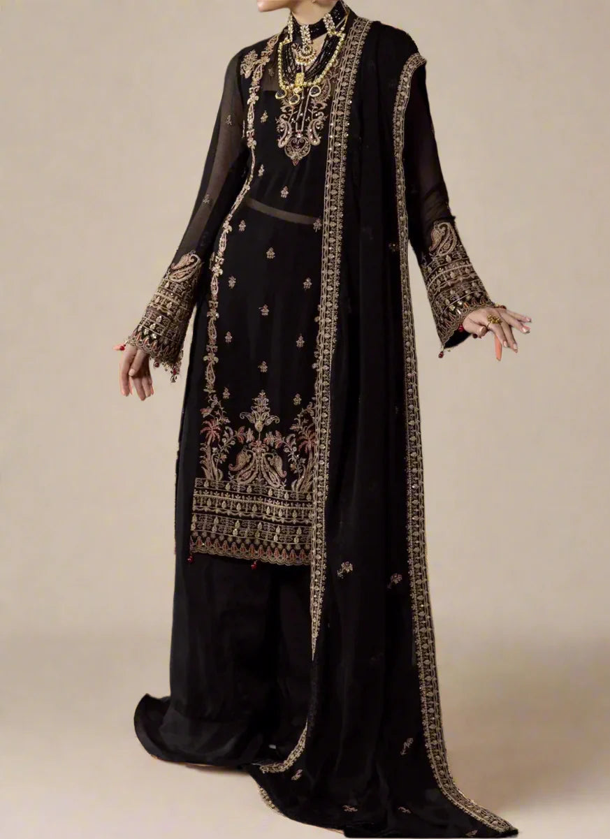 Rich Black- embroidered chiffon unstitched 3Pc Suit