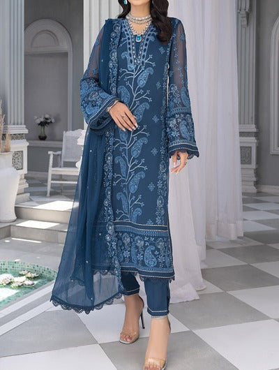 Royal Blue – Embroidered Chiffon Unstitched 3Pc Suit