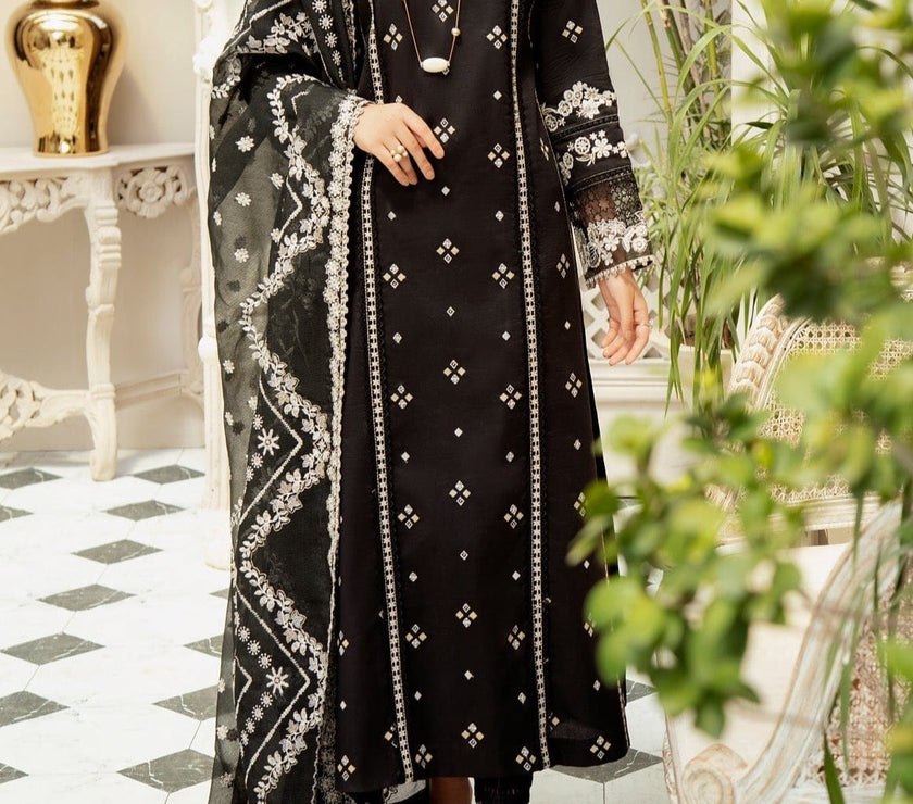 Grace w01- Embroidered 3pc linen dress with embroidered chiffon dupatta