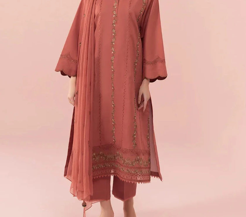 Grace W323- Embroidered 3pc Linen dress with Embroidered Chiffon dupatta.