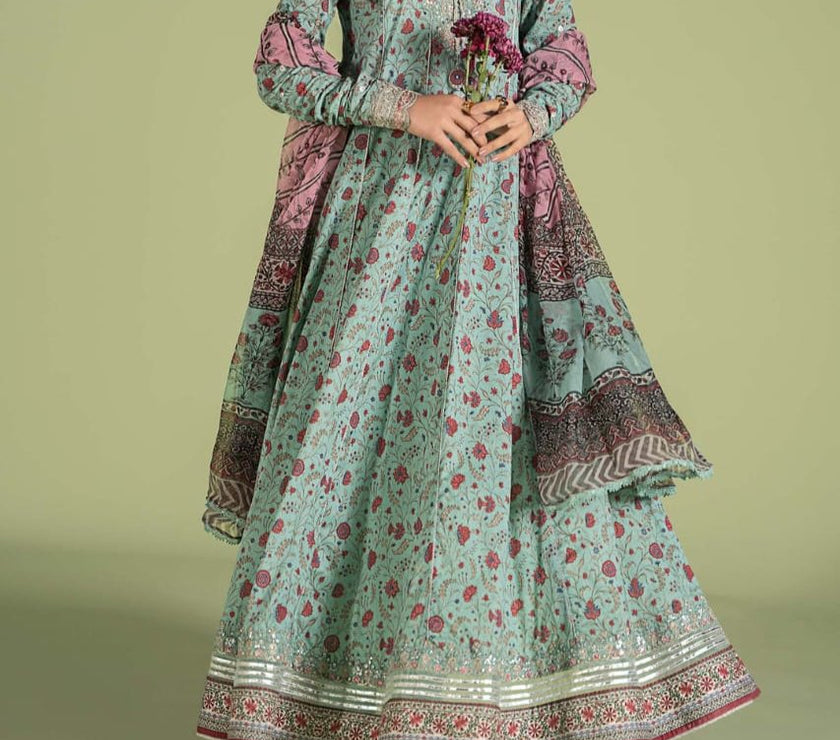 Grace W469-Printed 3pc karandi Dress With Printed karandi Shawl.