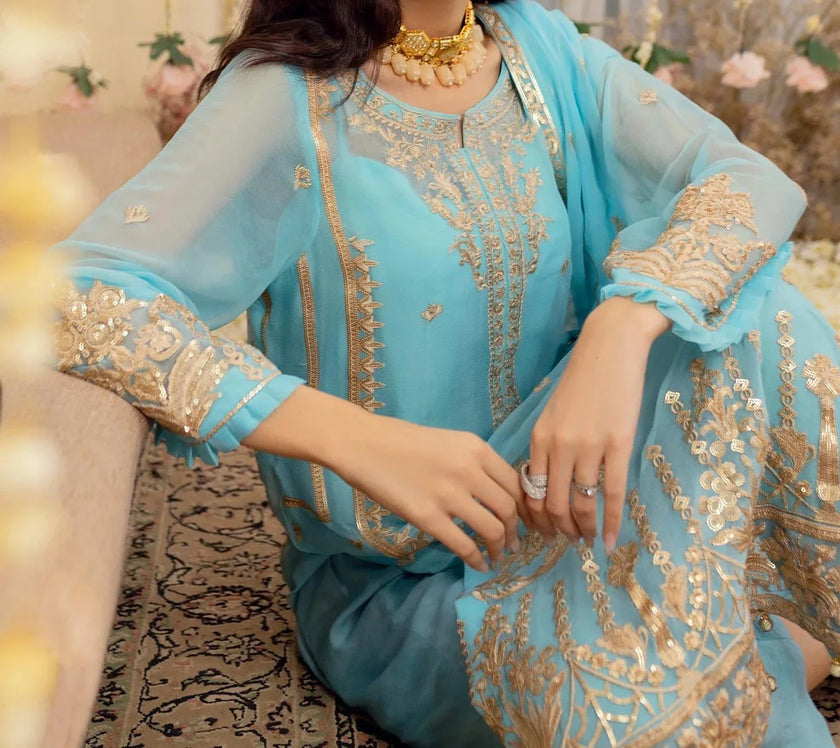 Sky Blue -Embroidered Chiffon Unstitched 3Pc Suit