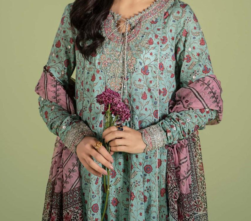 Grace W469-Printed 3pc karandi Dress With Printed karandi Shawl.