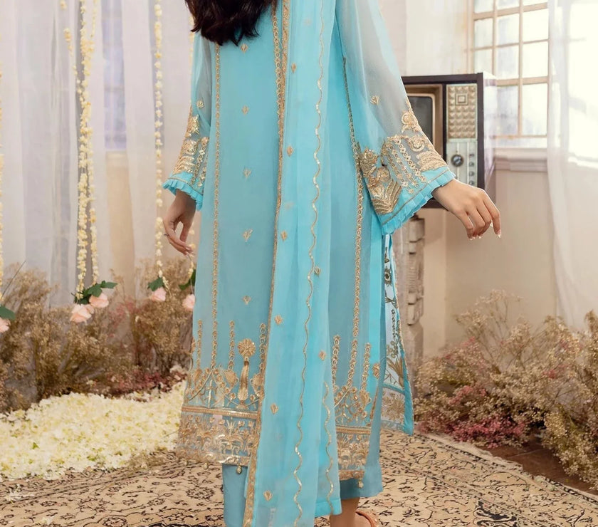 Sky Blue -Embroidered Chiffon Unstitched 3Pc Suit