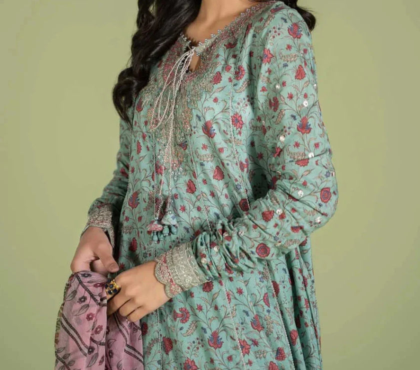 Grace W469-Printed 3pc karandi Dress With Printed karandi Shawl.