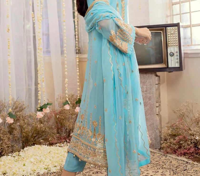 Sky Blue -Embroidered Chiffon Unstitched 3Pc Suit