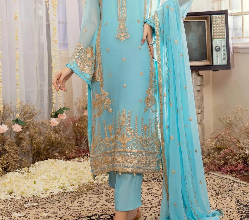 Sky Blue -Embroidered Chiffon Unstitched 3Pc Suit