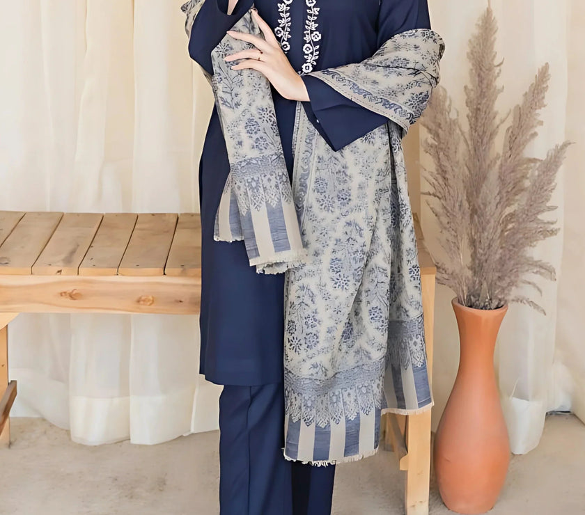 Grace W541-Embroidered 3pc marina dress with Printed shawl.