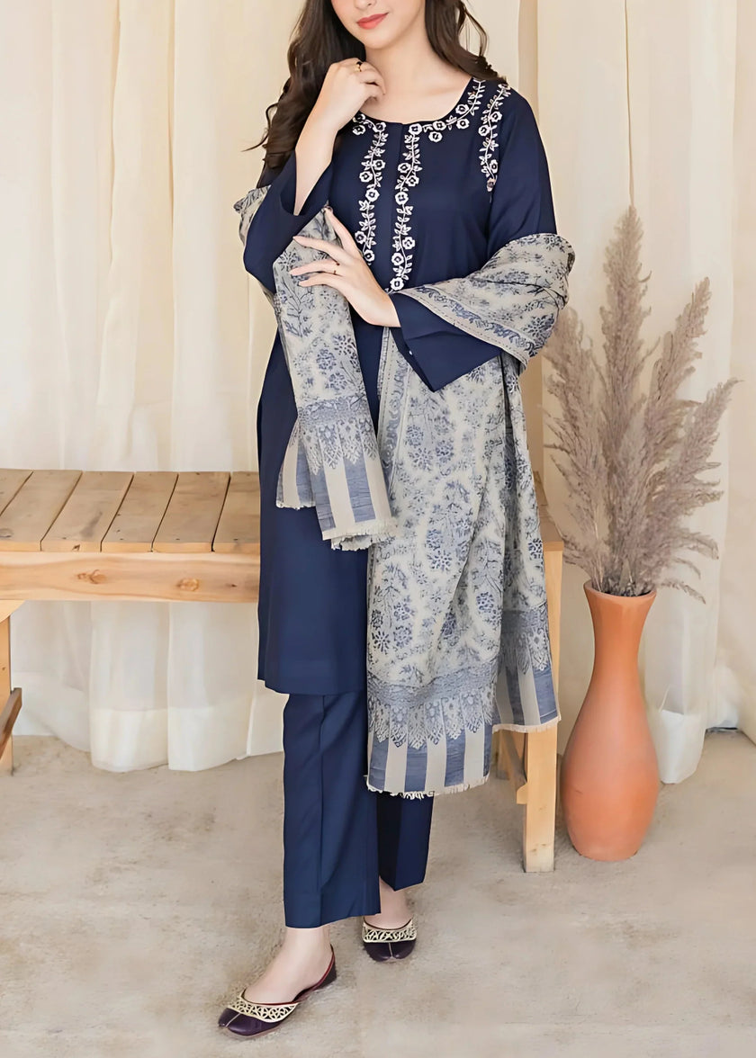 Grace W494-Embroidered 3pc khaddar dress With Printed shawl.