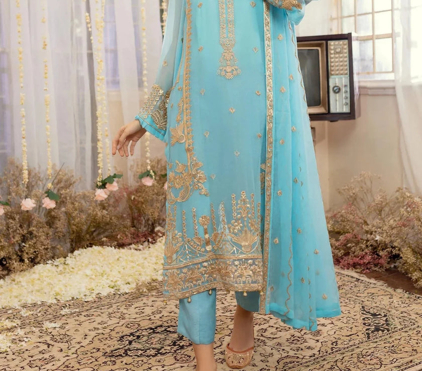 Sky Blue -Embroidered Chiffon Unstitched 3Pc Suit