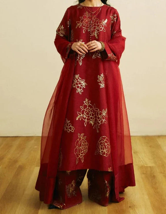 Grace W322-Embroidered 3pc khaddar dress With plain dyed chiffon dupatta