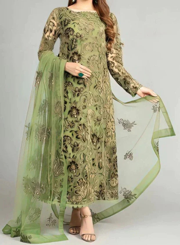 Grace W477- Embroidered 3pc linen dress with Embroidered Organza Dupatta.