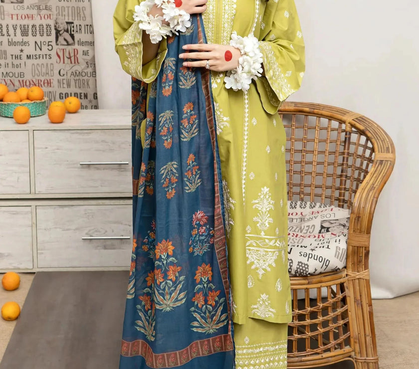 Grace W544-Embroidered 3pc marina dress with Printed shawl.