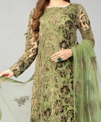 Grace W477- Embroidered 3pc linen dress with Embroidered Organza Dupatta.