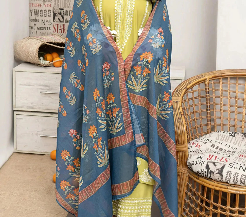 Grace W544-Embroidered 3pc marina dress with Printed shawl.