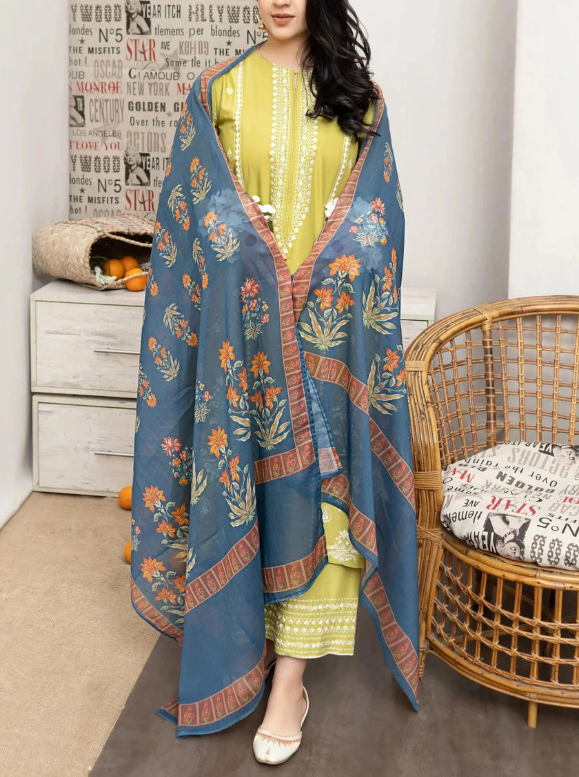 Grace W544-Embroidered 3pc marina dress with Printed shawl.