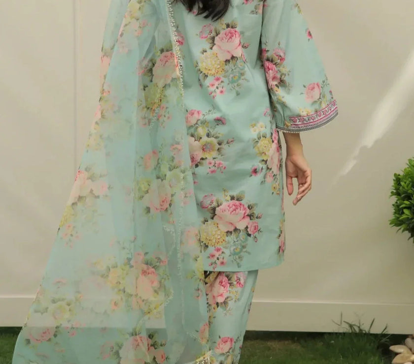 Grace S586-Printed 3pc Lawn dress with Printed Cotton Net dupatta.