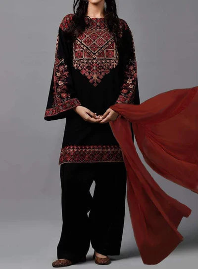 Grace W338-Embroidered 3pc khaddar dress With Plain dyed Wool Shawl.