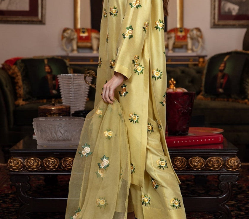 Grace W22-  Embroidered 3pc silk dress with embroidered organza dupatta.