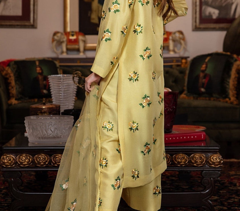 Grace W22-  Embroidered 3pc silk dress with embroidered organza dupatta.