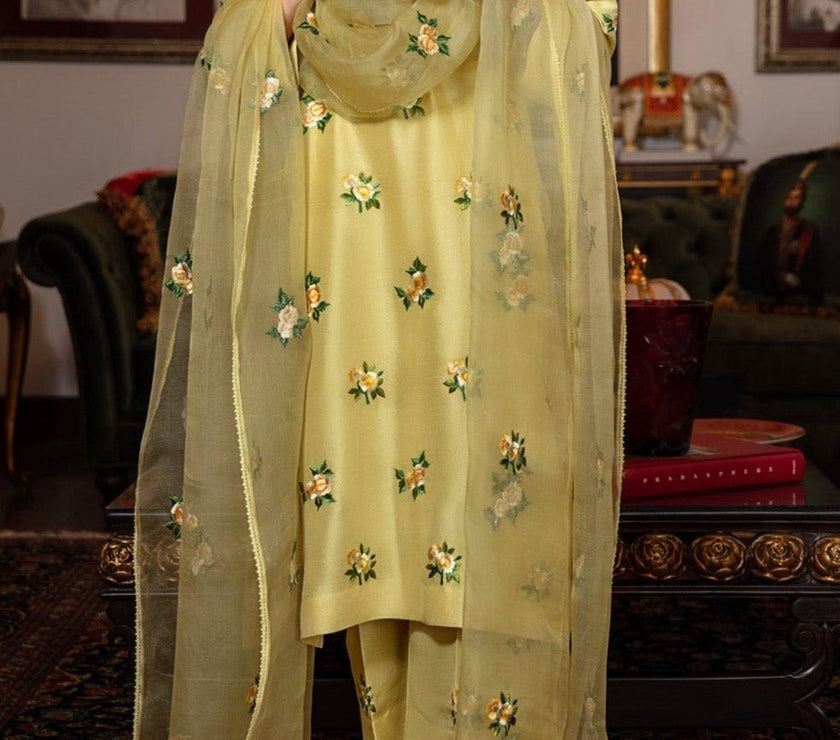 Grace W22-  Embroidered 3pc silk dress with embroidered organza dupatta.