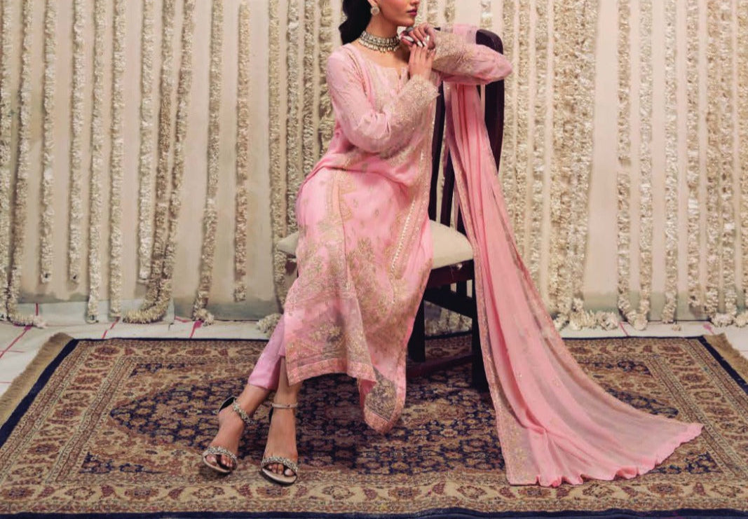 SILKEN BEIGE– Embroidered Chiffon Unstitched 3Pc Suit.