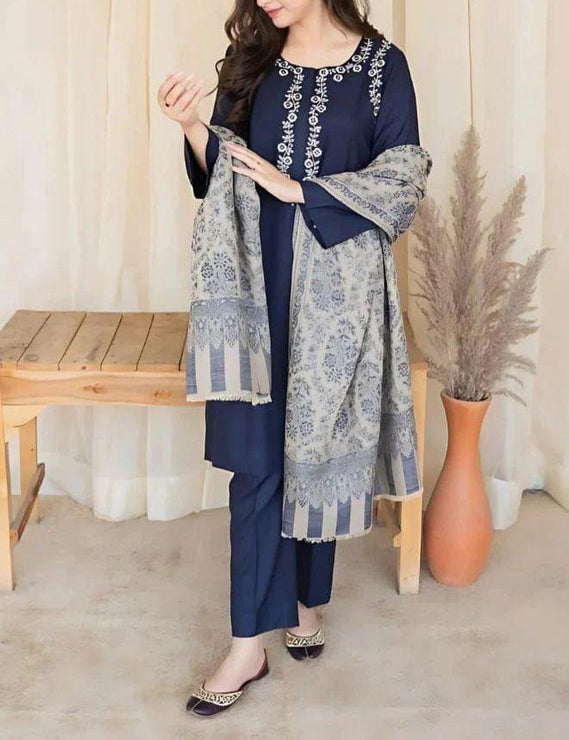 Grace W494-Embroidered 3pc khaddar dress With Printed shawl.