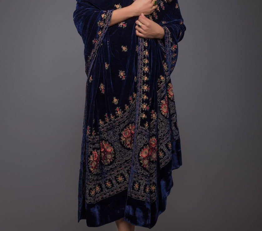 Victorian Range - Embroidered fine Quality Velvet Blue Shawl - gracestore.pk