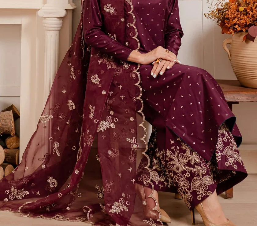 Grace W408- Embroidered 3pc linen dress with Embroidered Organza dupatta.