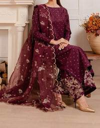 Grace W408- Embroidered 3pc linen dress with Embroidered Organza dupatta.