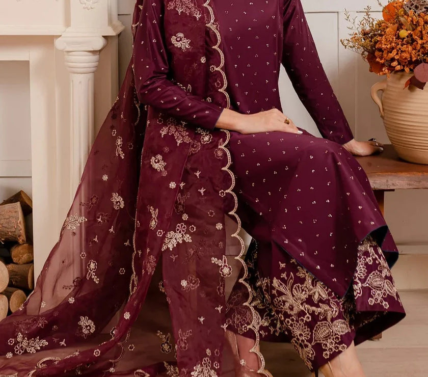 Grace W408- Embroidered 3pc linen dress with Embroidered Organza dupatta.