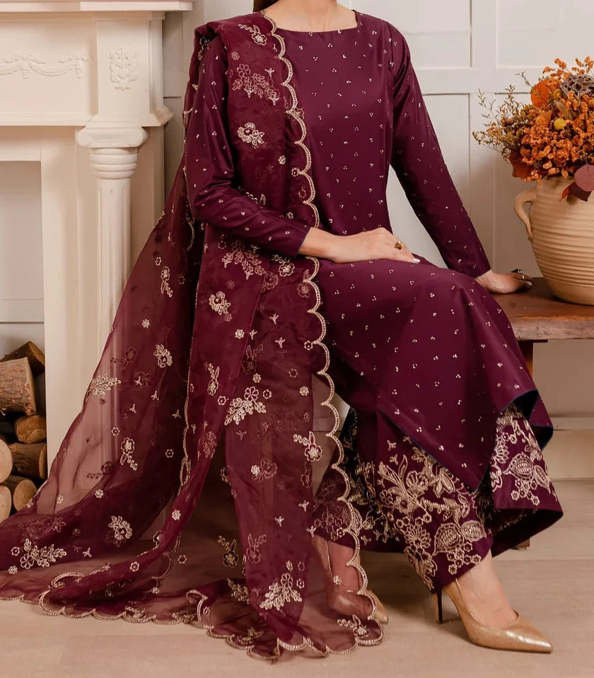 Grace W408- Embroidered 3pc linen dress with Embroidered Organza dupatta.