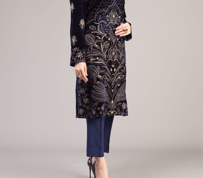 Grace Midnight blue - Embroidered Velvet Shirt.