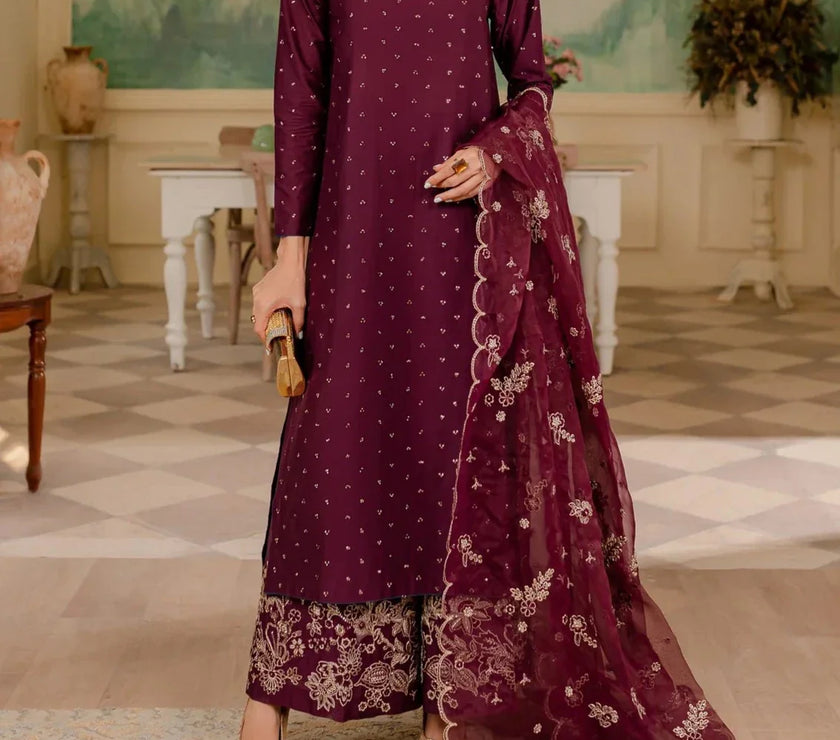 Grace W408- Embroidered 3pc linen dress with Embroidered Organza dupatta.