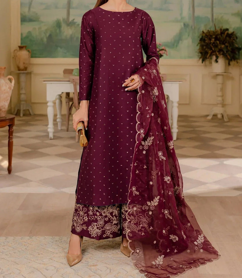 Grace W408- Embroidered 3pc linen dress with Embroidered Organza dupatta.