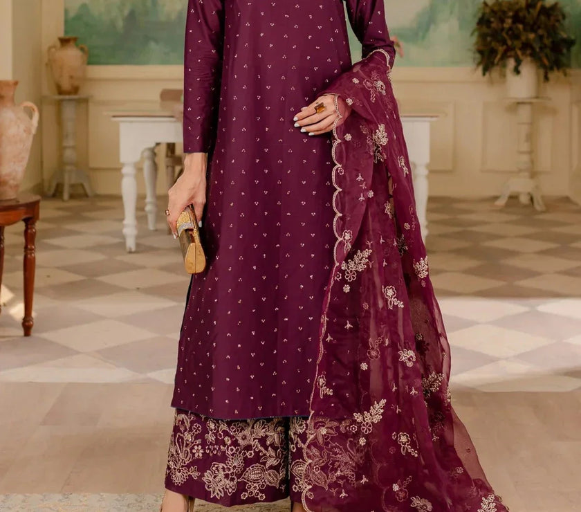 Grace W408- Embroidered 3pc linen dress with Embroidered Organza dupatta.